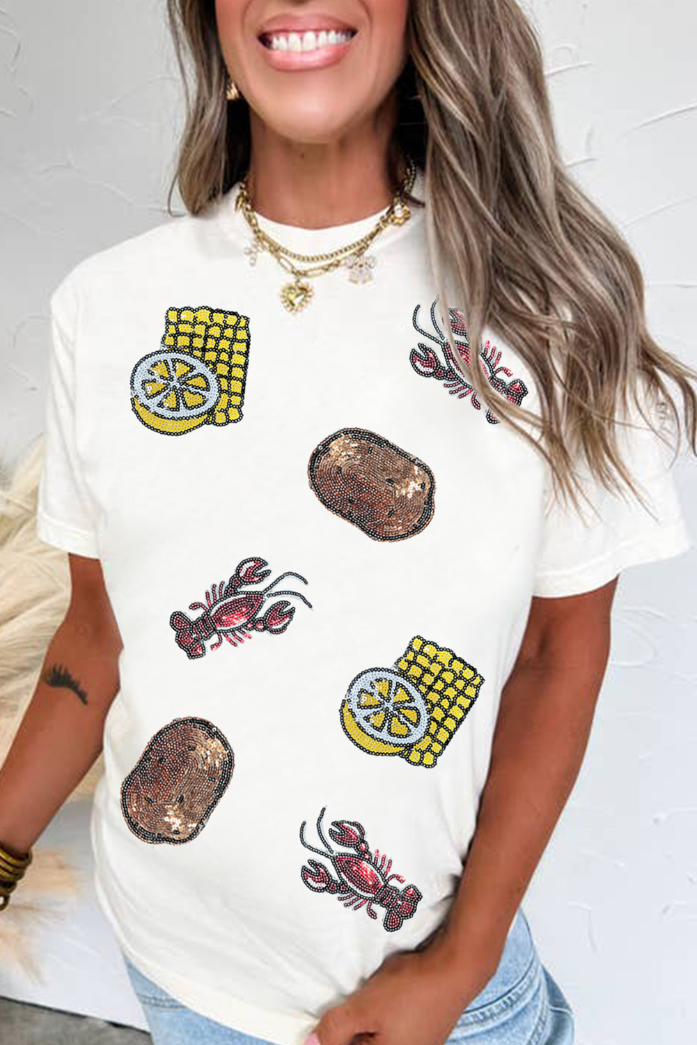 White Sequin Crawfish Potato Lemon Corn Graphic Crewneck T Shirt