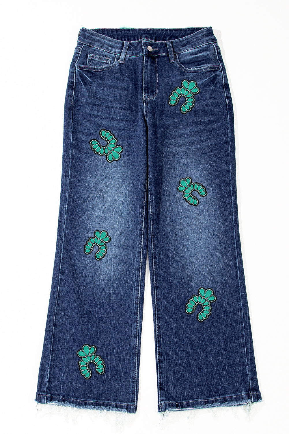 Sail Blue Turquoise Pattern Raw Edge Cropped High Waist Jeans