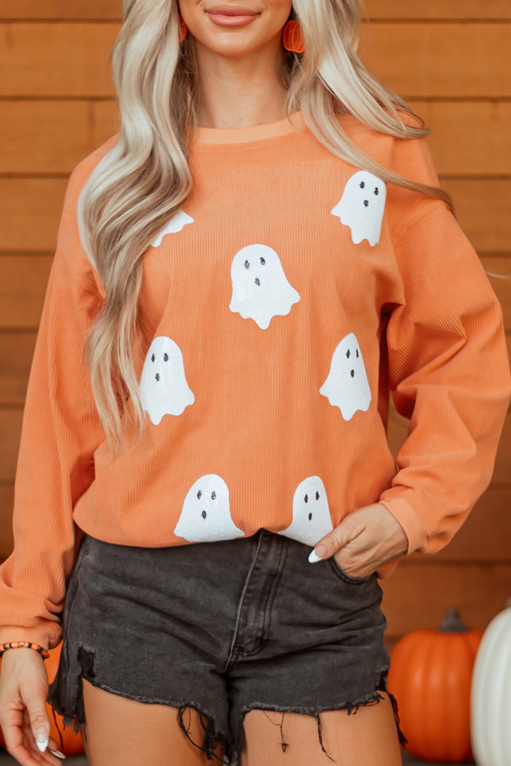 Orange Twisted Ribbed Texture Halloween Ghost Sequin Patched Sweatshirt