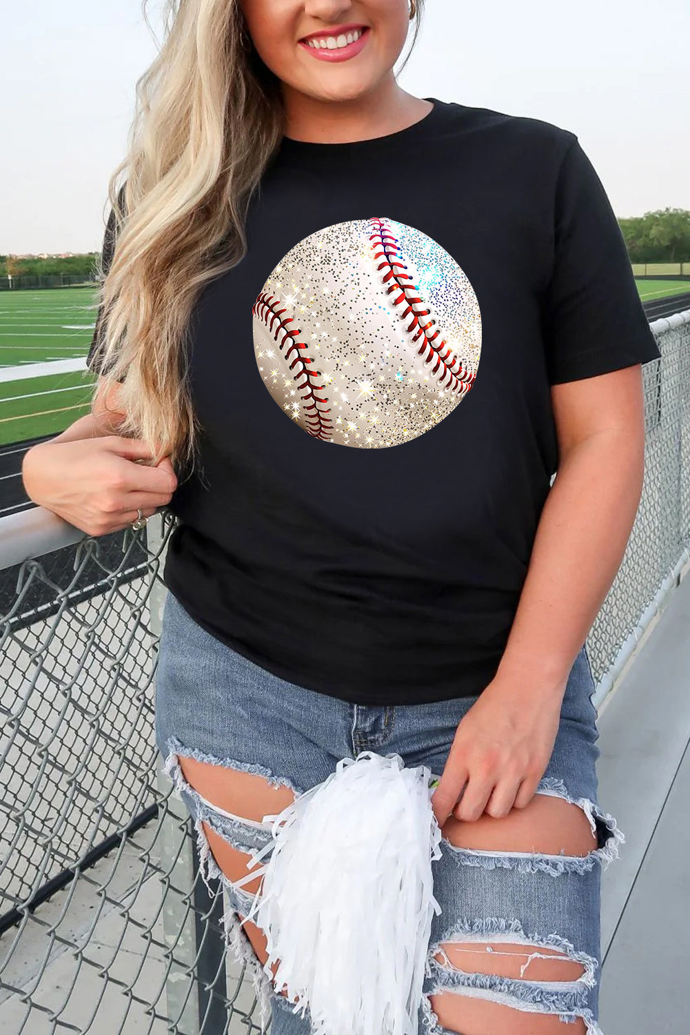 Black Heat Transfer Baseball Print Cotton Blend T Shirt