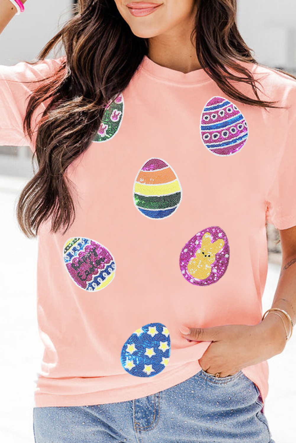 Pink Sequin Easter Eggs Graphic Crewneck T Shirt
