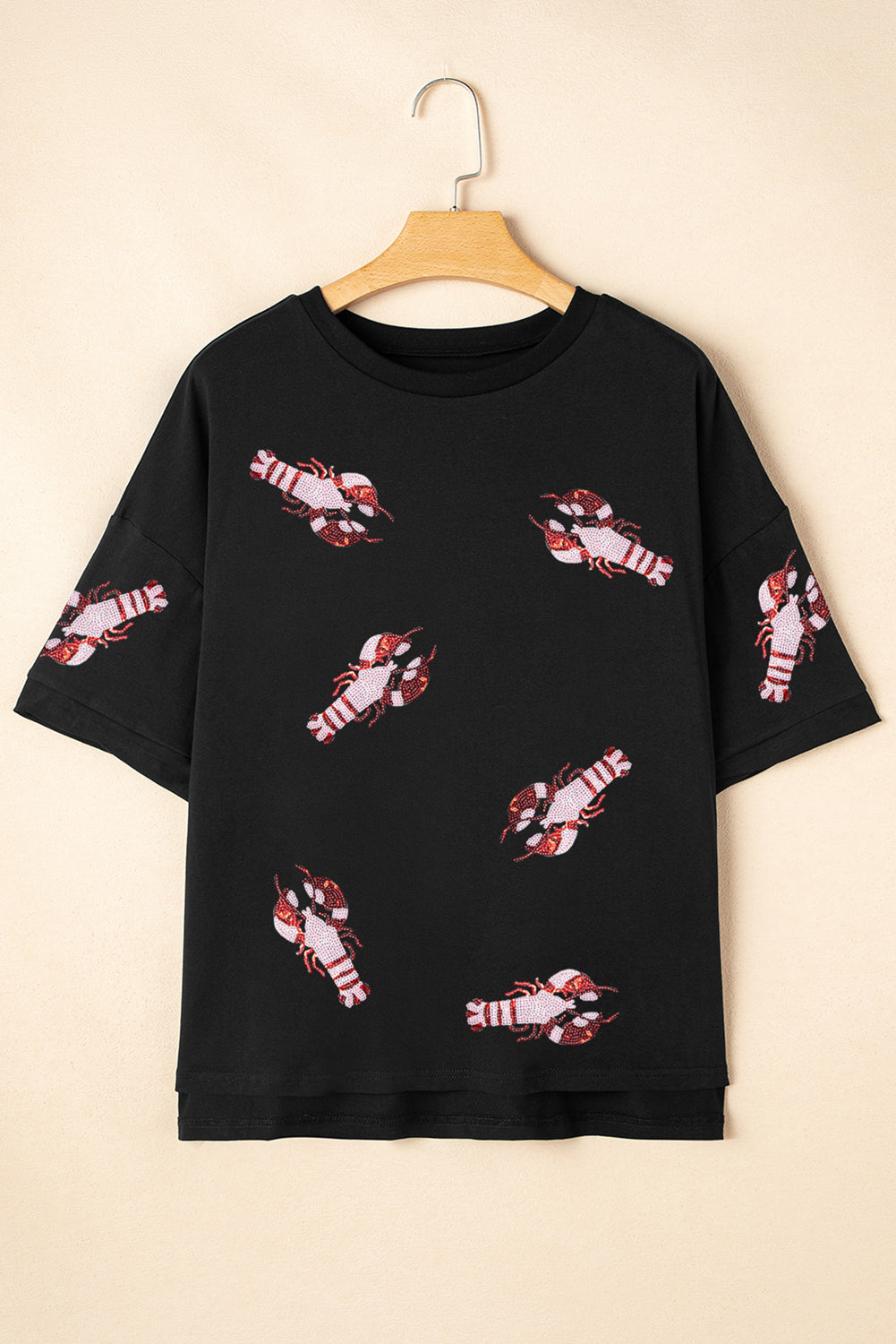 Black Sequin Crayfish Graphic Drop Sleeve High Low Tee